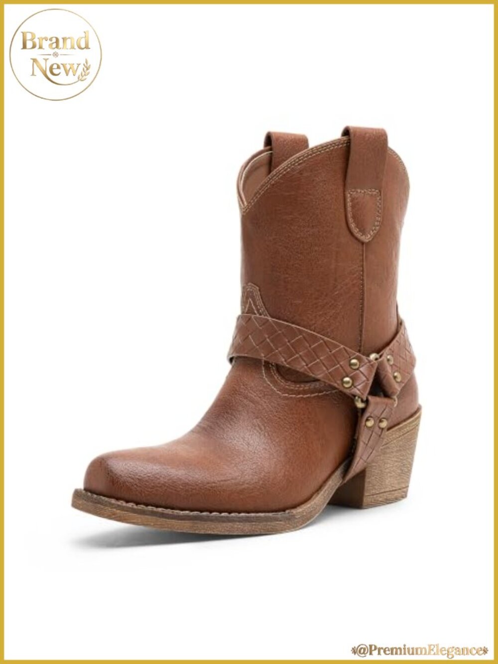 Faux Leather Square Toe Ankle Booties Braided Studded Strap Block Heel